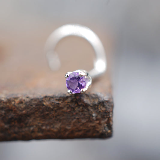 silver nose stud with 2mm amethyst gemstone