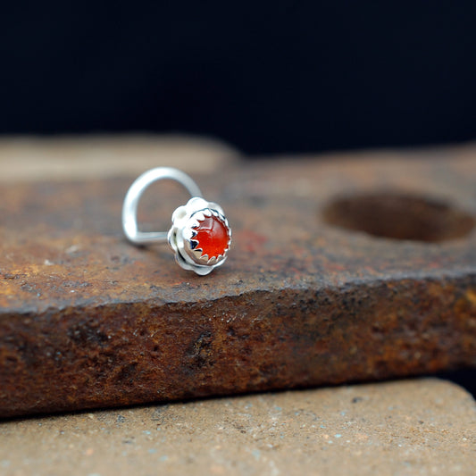 Flower nose stud sterling silver with orange carnelian stone