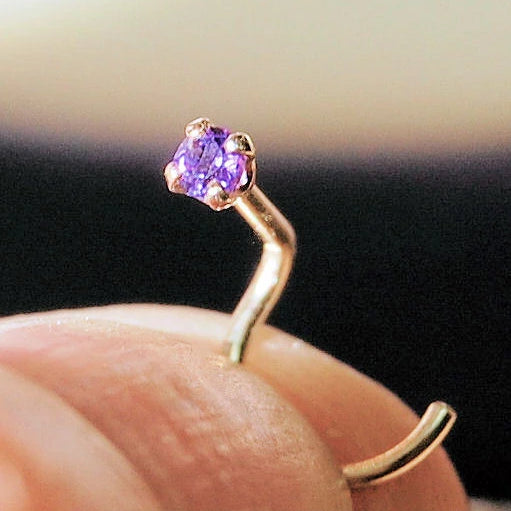 dainty amethyst and gold 2mm nose stud
