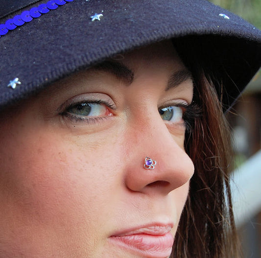amethyst gemstone nose stud in sterling silver lotus filigree