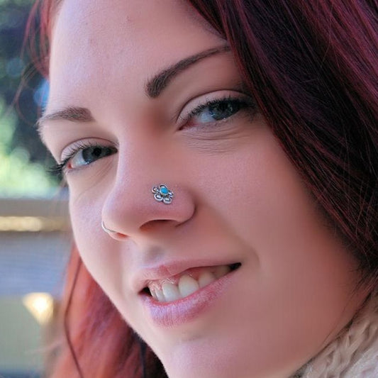unique flower nose stud in sterling silver with turquoise gemstone
