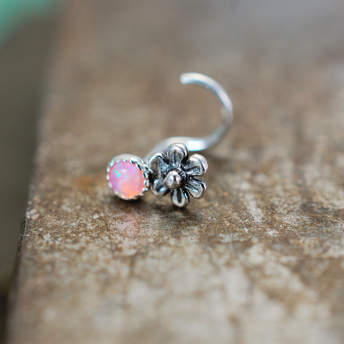 silver opal nose stud