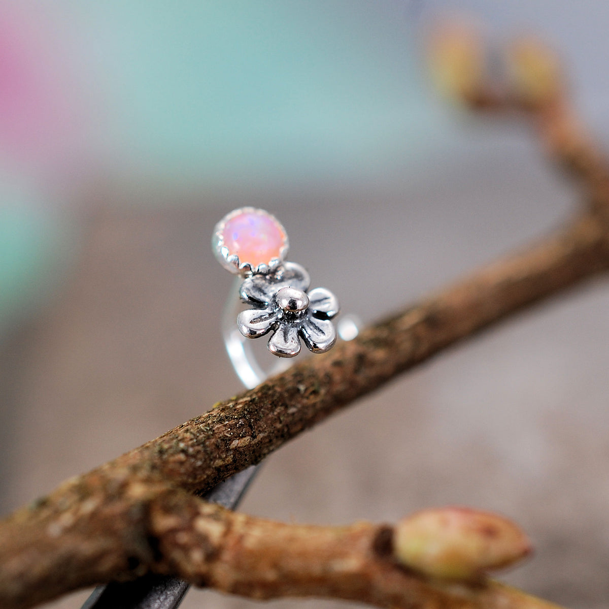 silver and pink opal nose stud