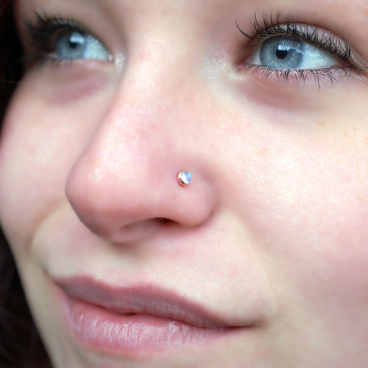 rainbow moonstone gemstone set in nickel-free sterling silver nose stud