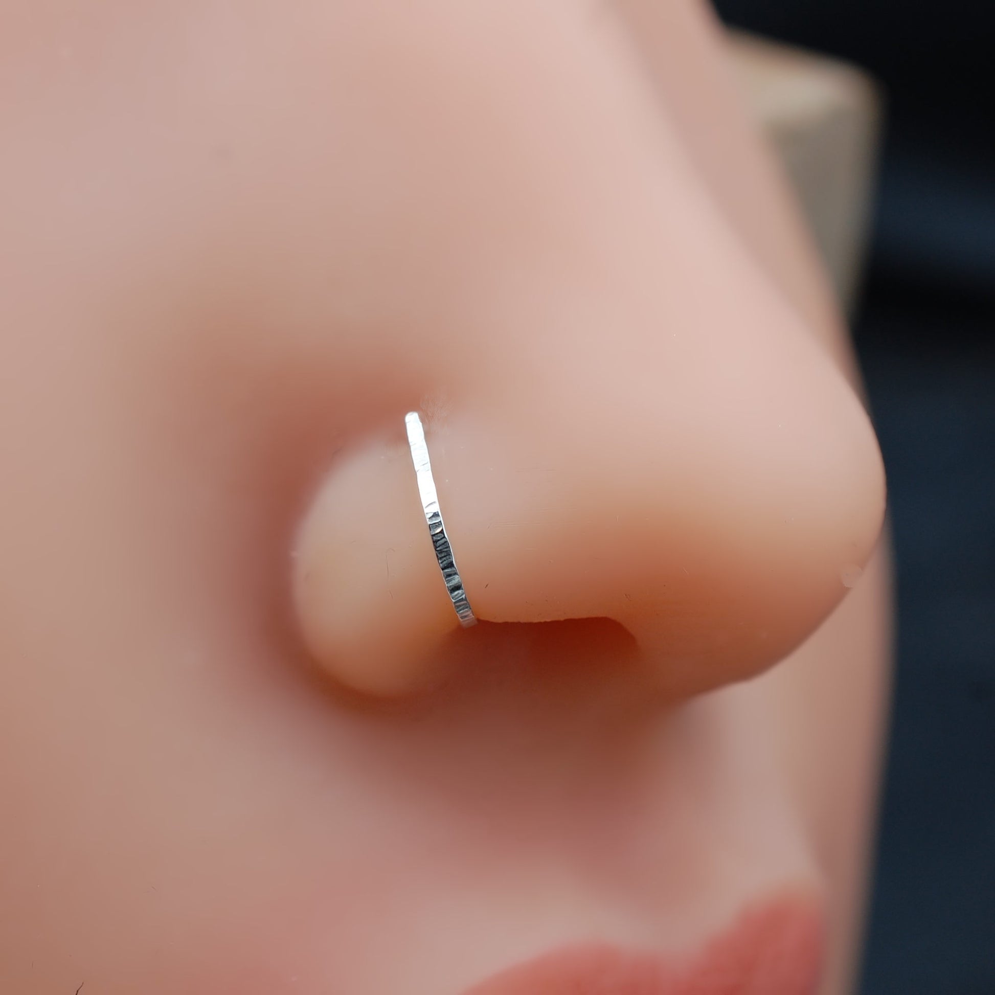 Silver nose ring on a person's nose with a blurred background