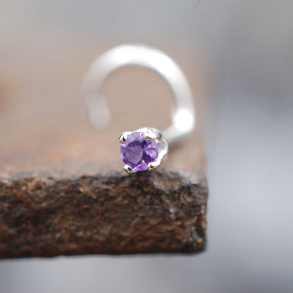 silver nose stud with 2mm amethyst gemstone