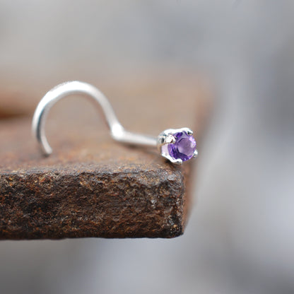 silver nose stud with gemstone of amethyst in 2mm