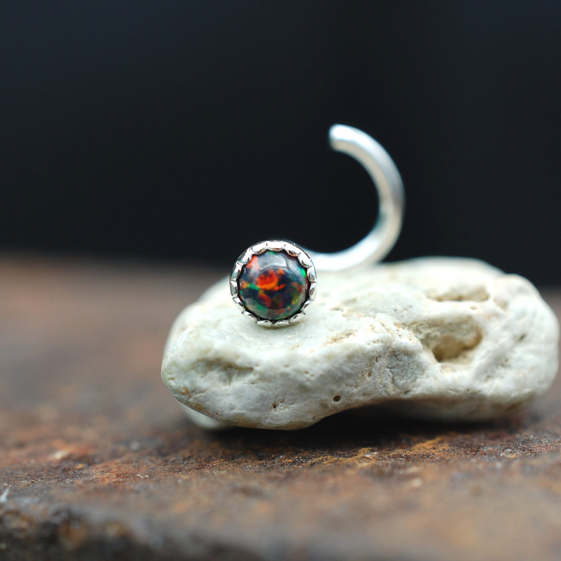 Silver nose stud with black opal gemstone