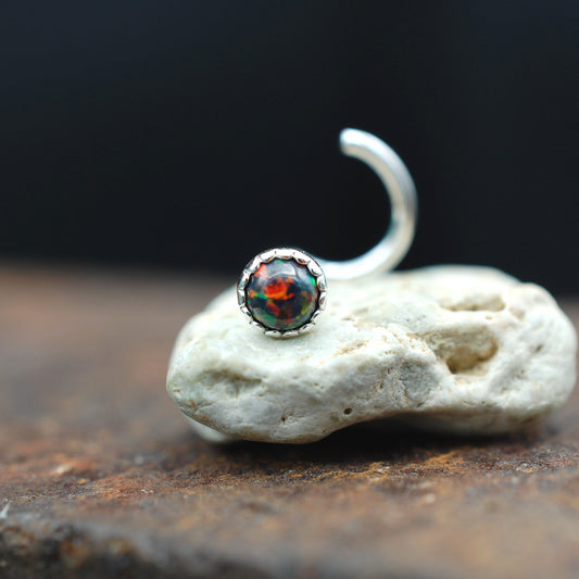 Silver nose stud with black opal gemstone