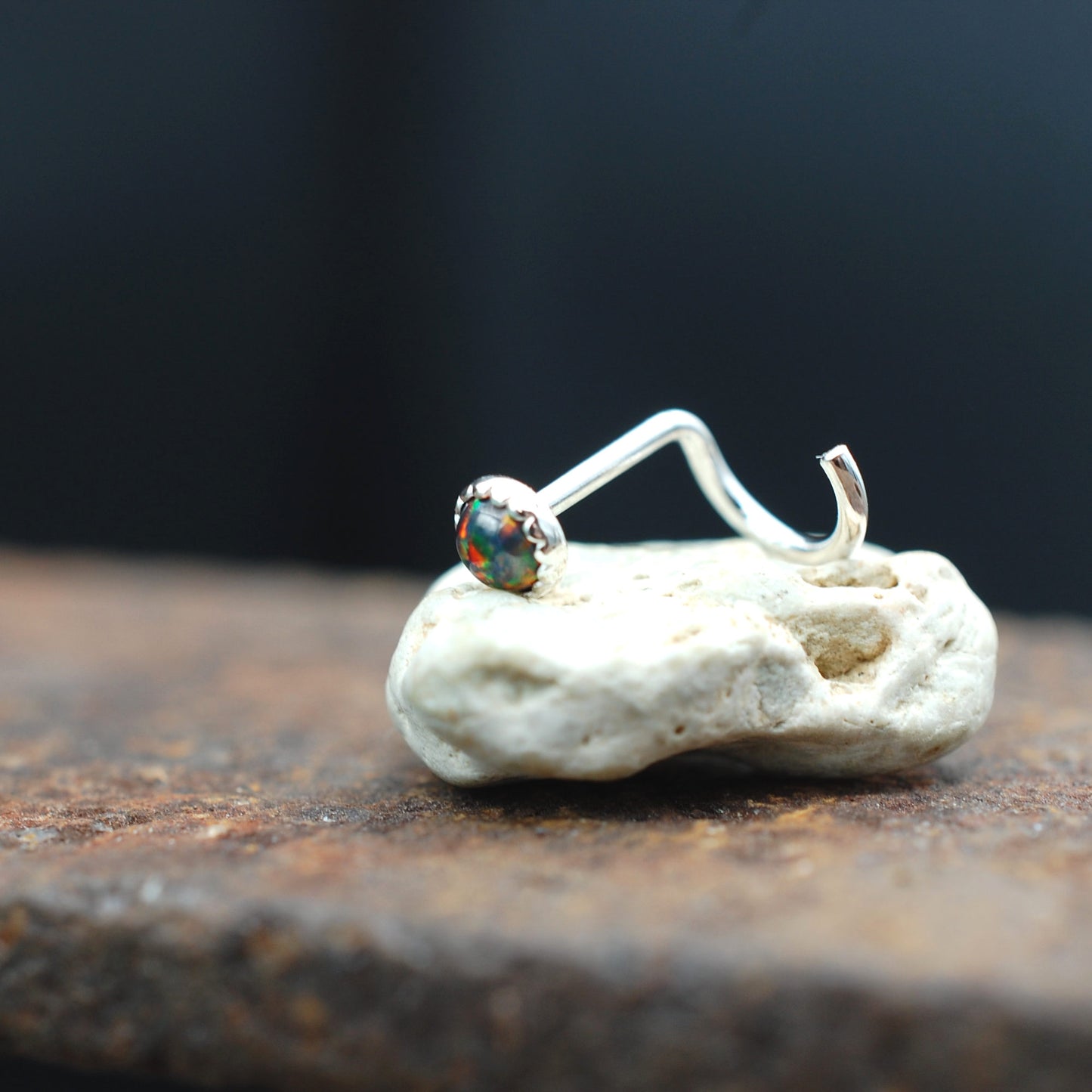 Black opal nose stud in sterling silver
