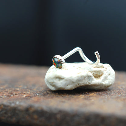 Black opal nose stud in sterling silver
