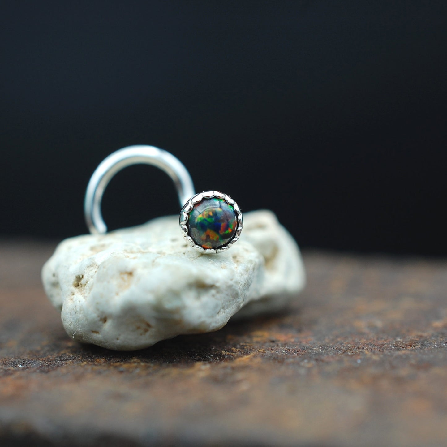 3mm black opal nose stud silver