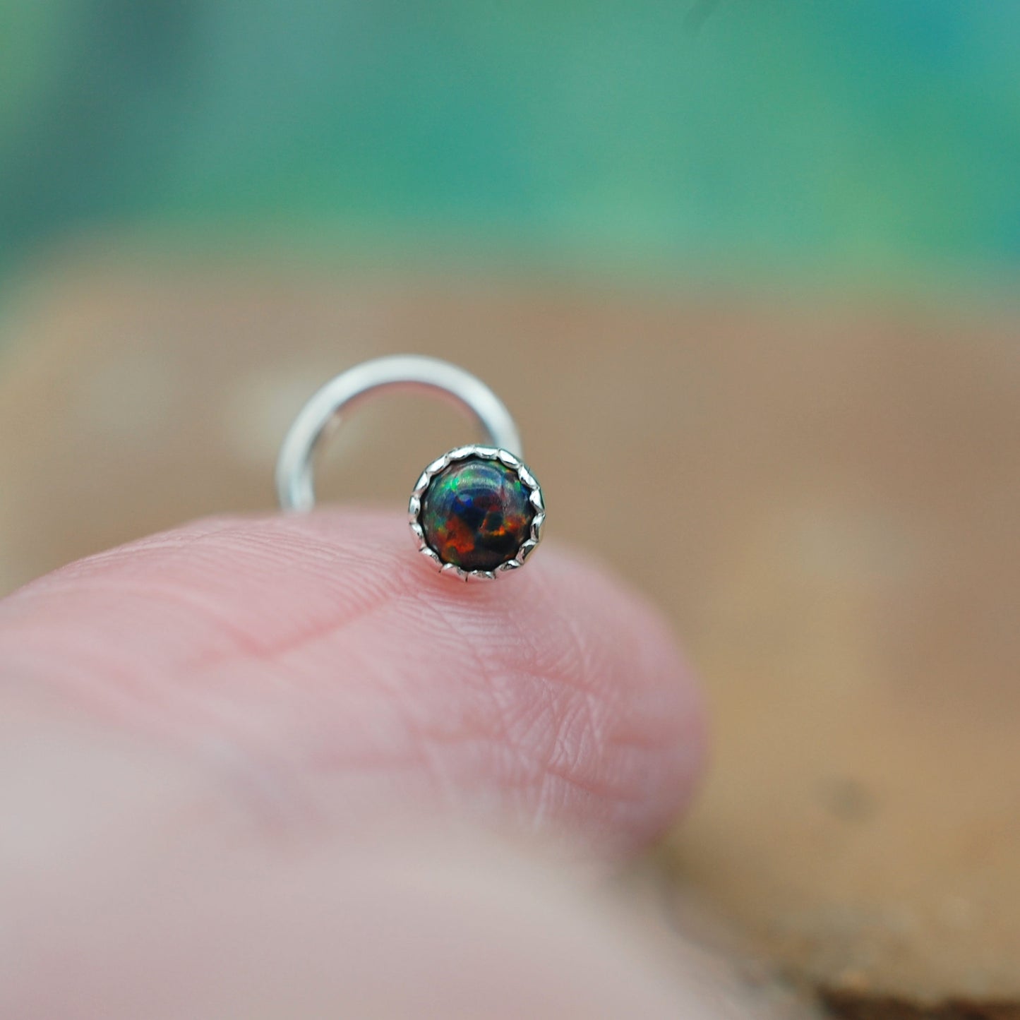 Silver nose stud set with 3mm black opal nose stud