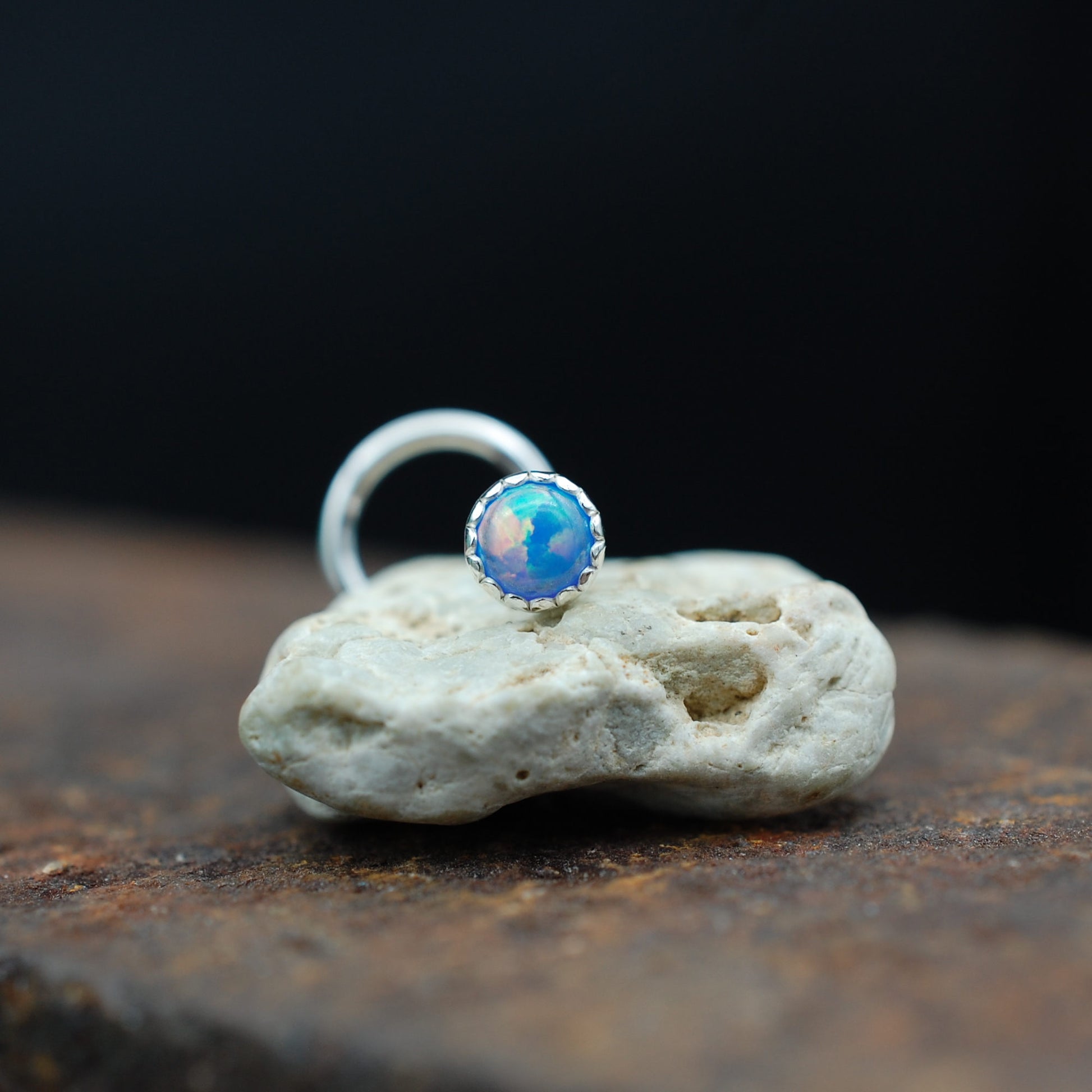 Blue opal nose stud in silver