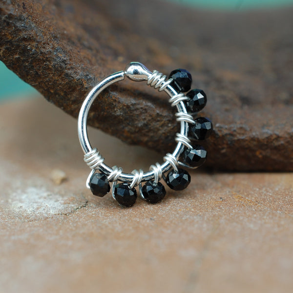 faceted black beaded silver nose ring

