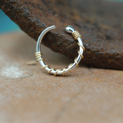 silver nose ring hoop wrapped in gold wire