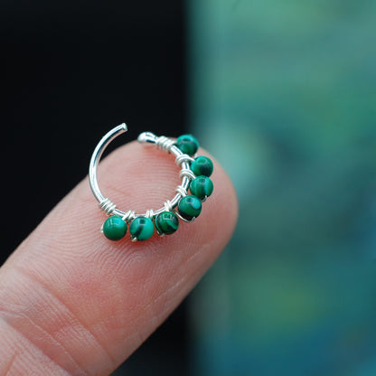 silver budded nose ring wrapped in malachite beads
