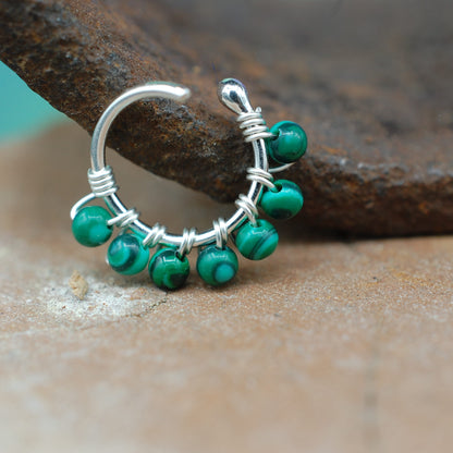 silver budded nickel free nose ring with malachite beads
