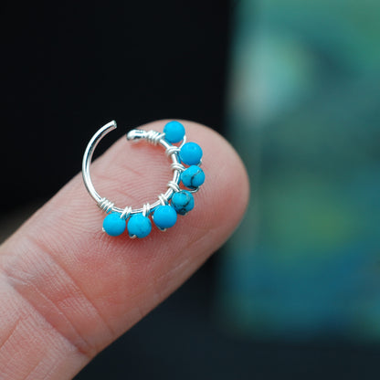 budded silver nose ring wrapped in turquoise 2mm beads