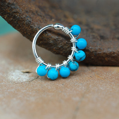 silver nose ring hoop wrapped in turquoise 2mm beads
