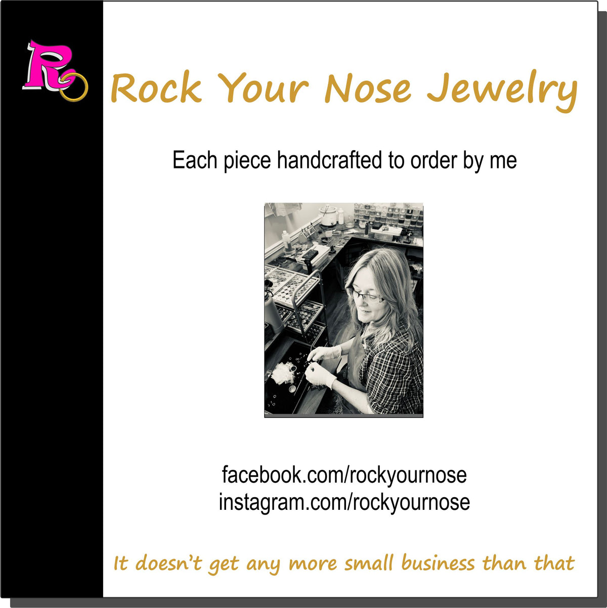 Promotional listing graphic for Rock Your Nose Jewelry featuring an artisan at workbench handcrafting a nose ring. Text reads: Each piece handcrafted to order by me.