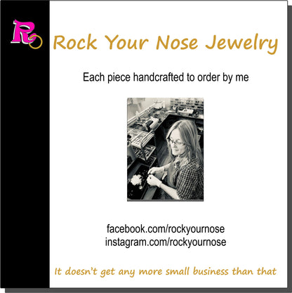 Promotional listing graphic for Rock Your Nose Jewelry featuring an artisan at workbench handcrafting a nose ring. Text reads: Each piece handcrafted to order by me.