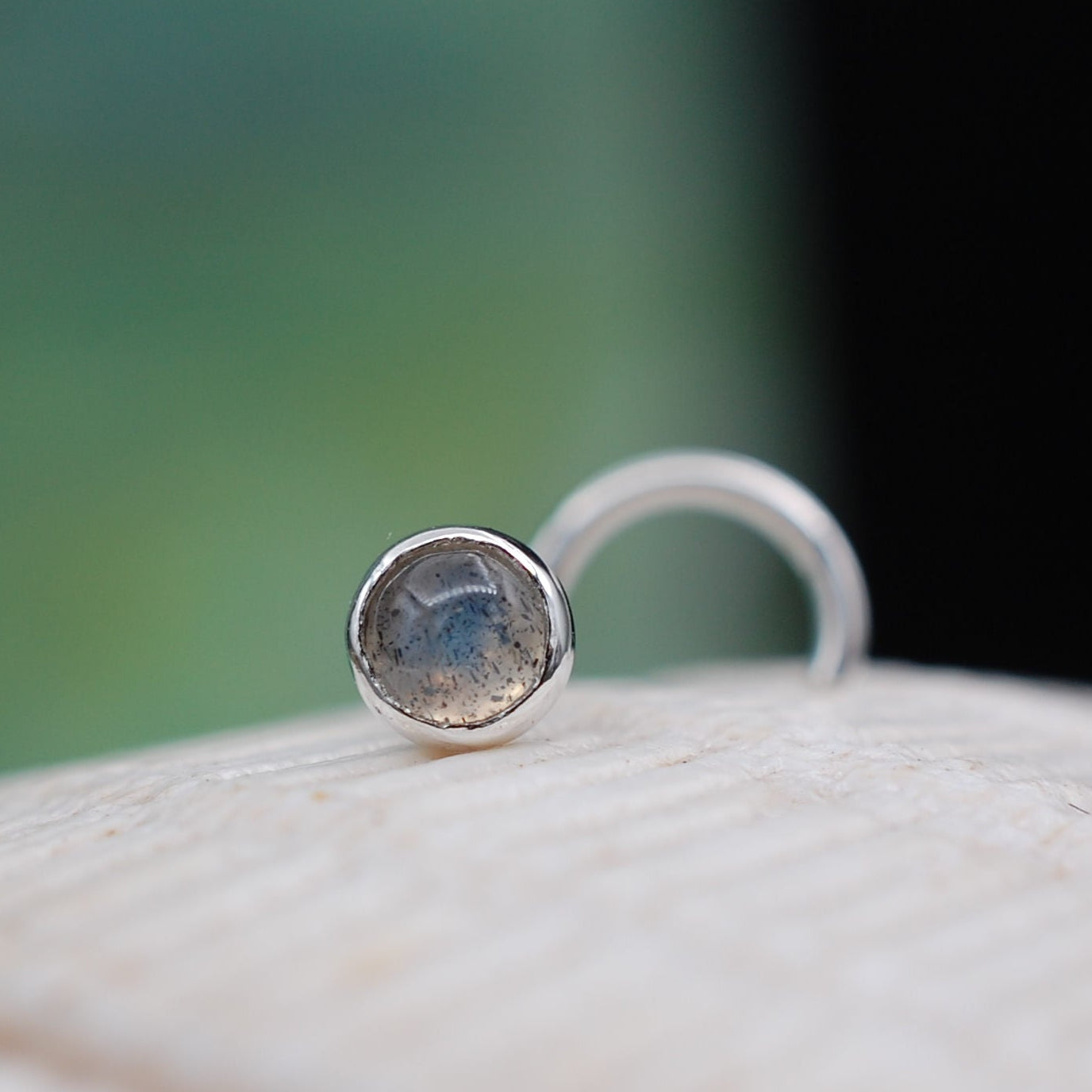 silver nose stud with labradorite gemstone