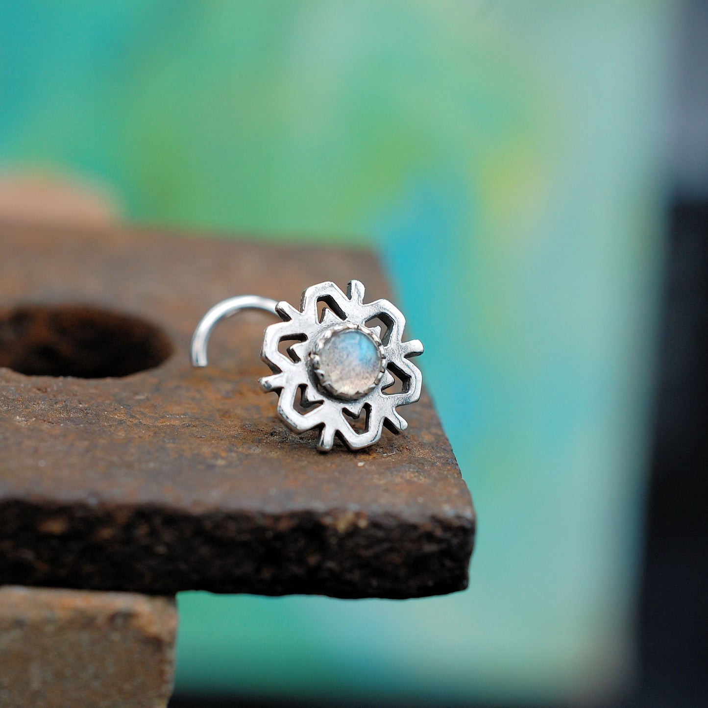 snowflake nose stud with labradorite in sterling