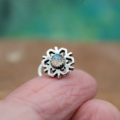 silver snowflake nose stud with labradorite gemstone