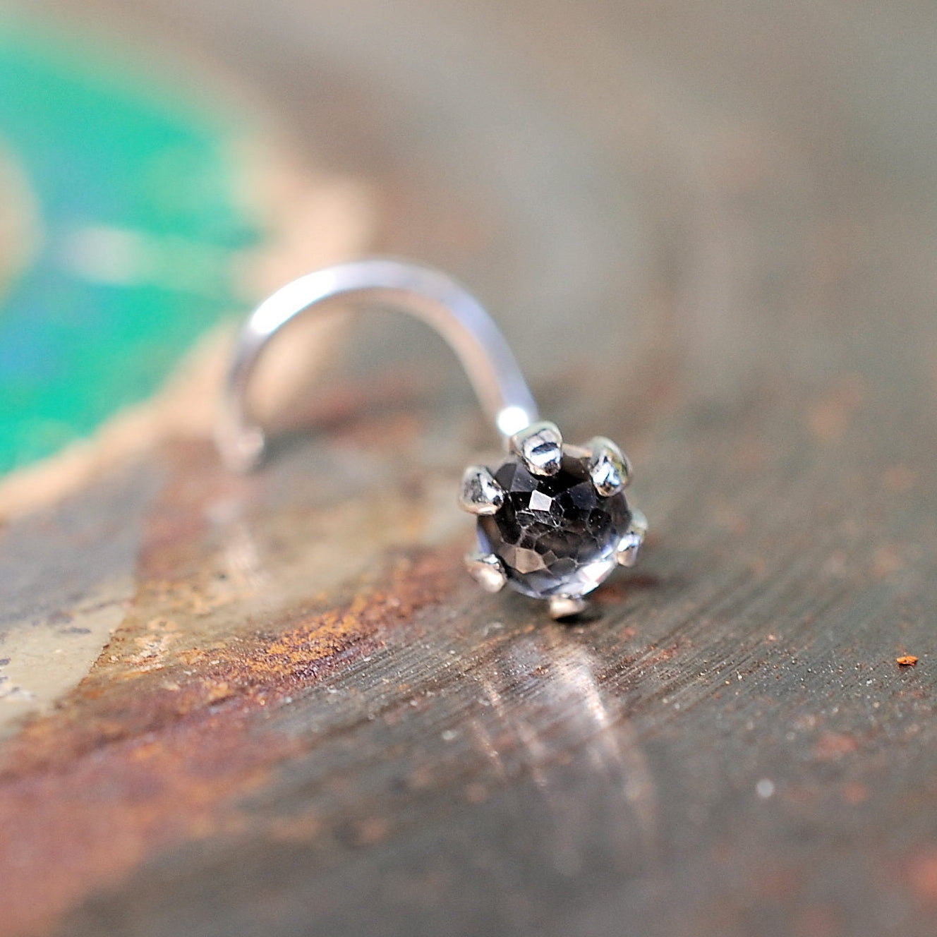 white topaz nose stud in antiqued sterling silver
