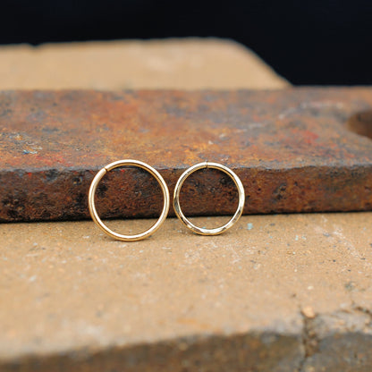 One sleek gold nose ring & one hammered gold nose ring shown on brick