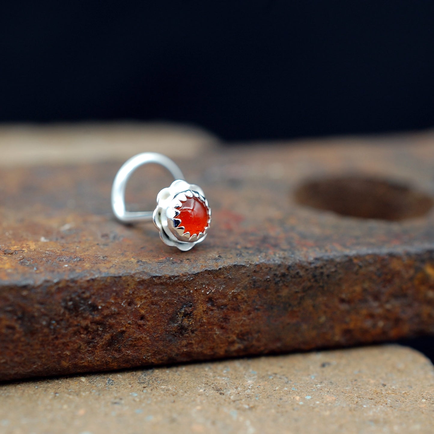 Flower nose stud sterling silver with orange carnelian stone
