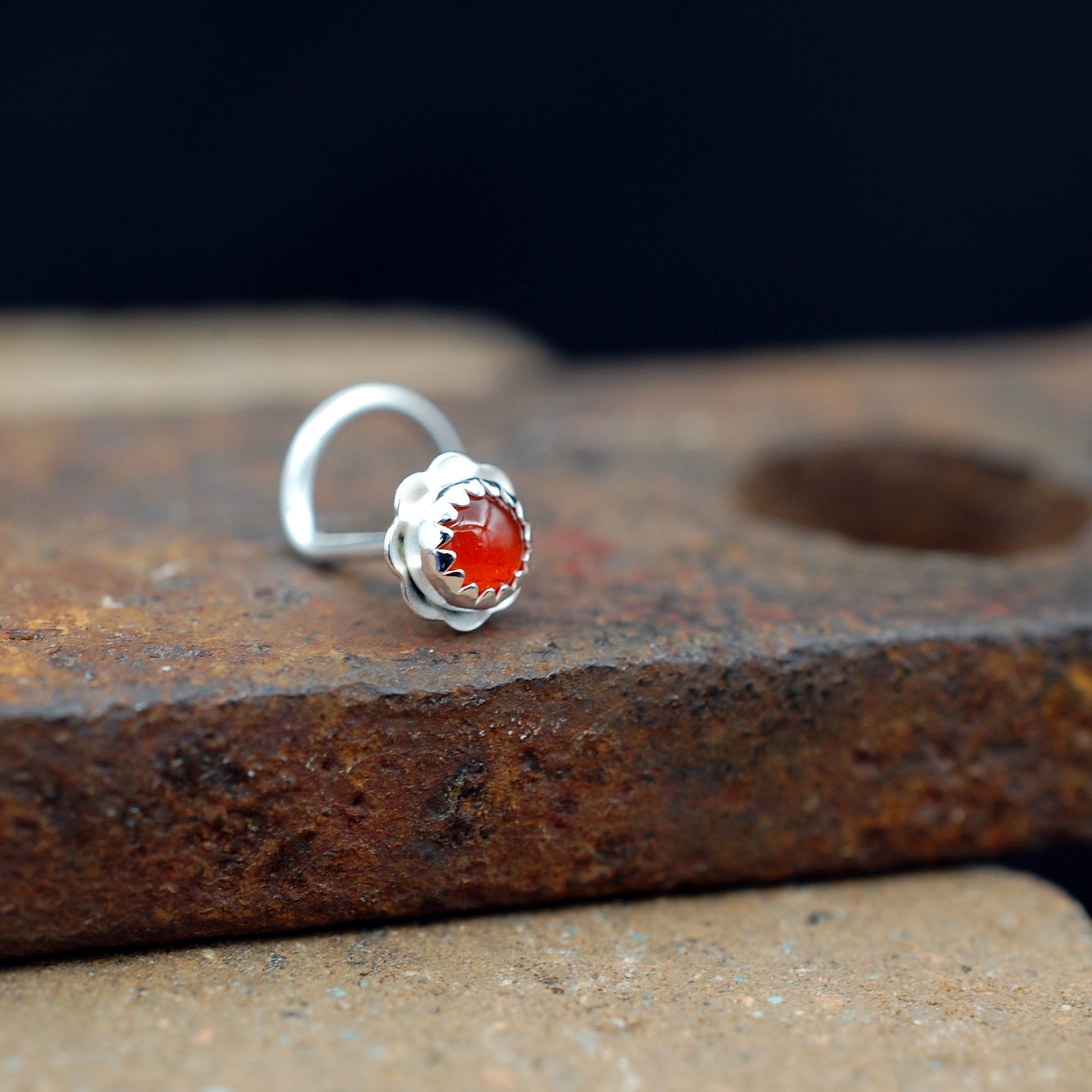Flower nose stud sterling silver with orange carnelian stone