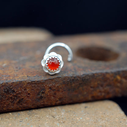 Silver flower nose stud with bright orange carnelian 3mm stone