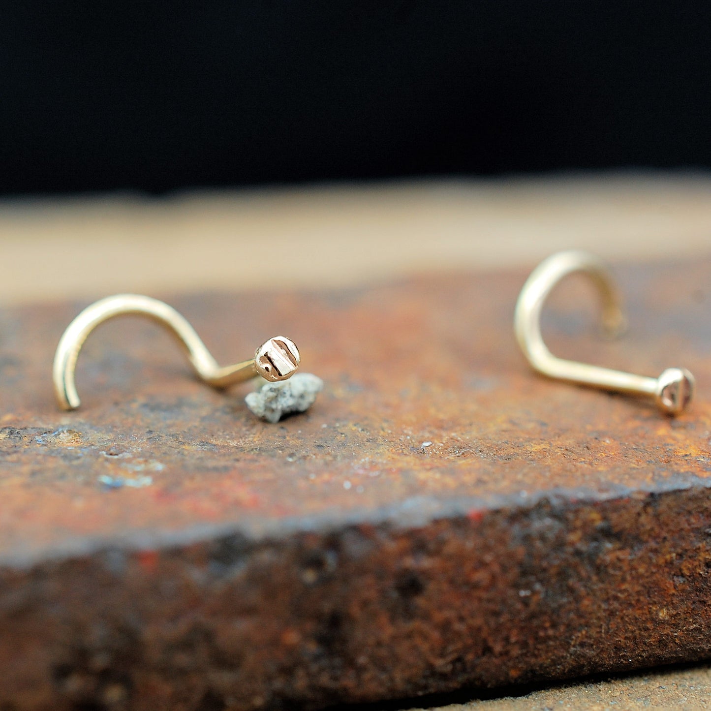 Two tiny textured gold disc nose studs