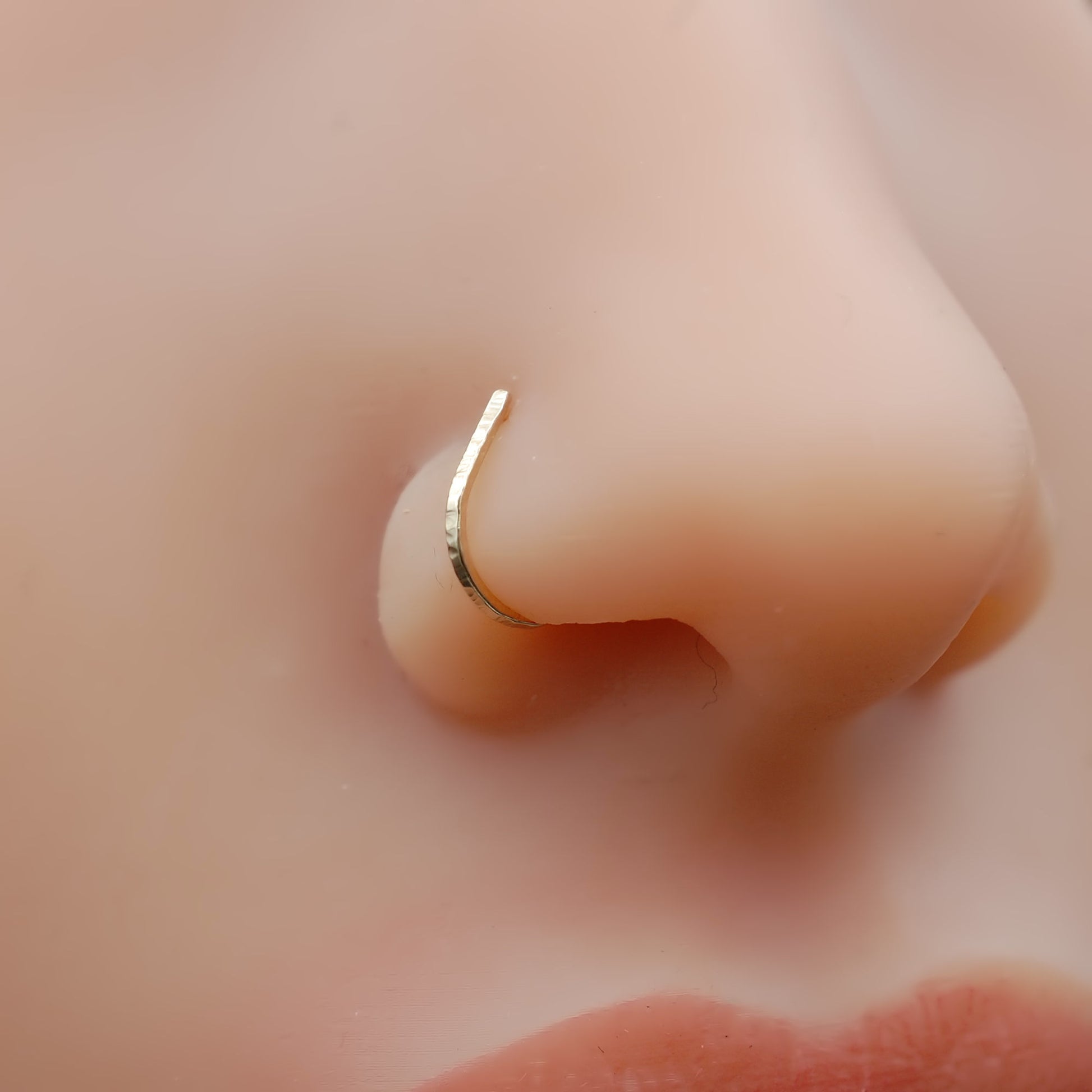 Close-up of a gold nose ring on a person's nose.