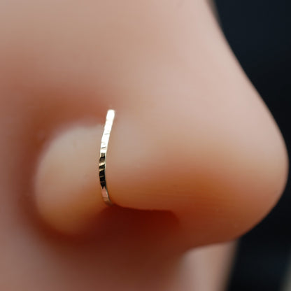 Gold nose ring on a person's nose with a blurred background
