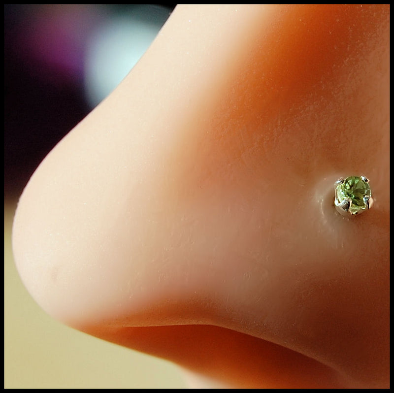 Dainty Peridot Nose Stud Set in Yellow Gold 2mm Stone
