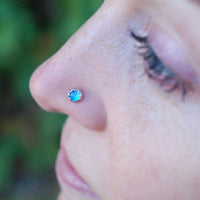 yellow gold nose stud with blue chalcedony