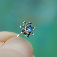 Antiqued Blossom Nose Stud - Sterling Silver and Rainbow Moonstone