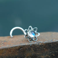 Antiqued Blossom Nose Stud - Sterling Silver and Rainbow Moonstone