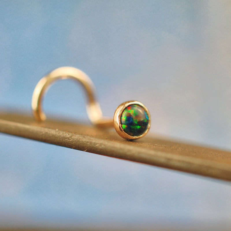 Black Opal Gold Nose Stud | Gold Nose Jewelry | Opal Nose Stud 22g Dainty Stem / Straight Shaft 17mm / Gold Filled