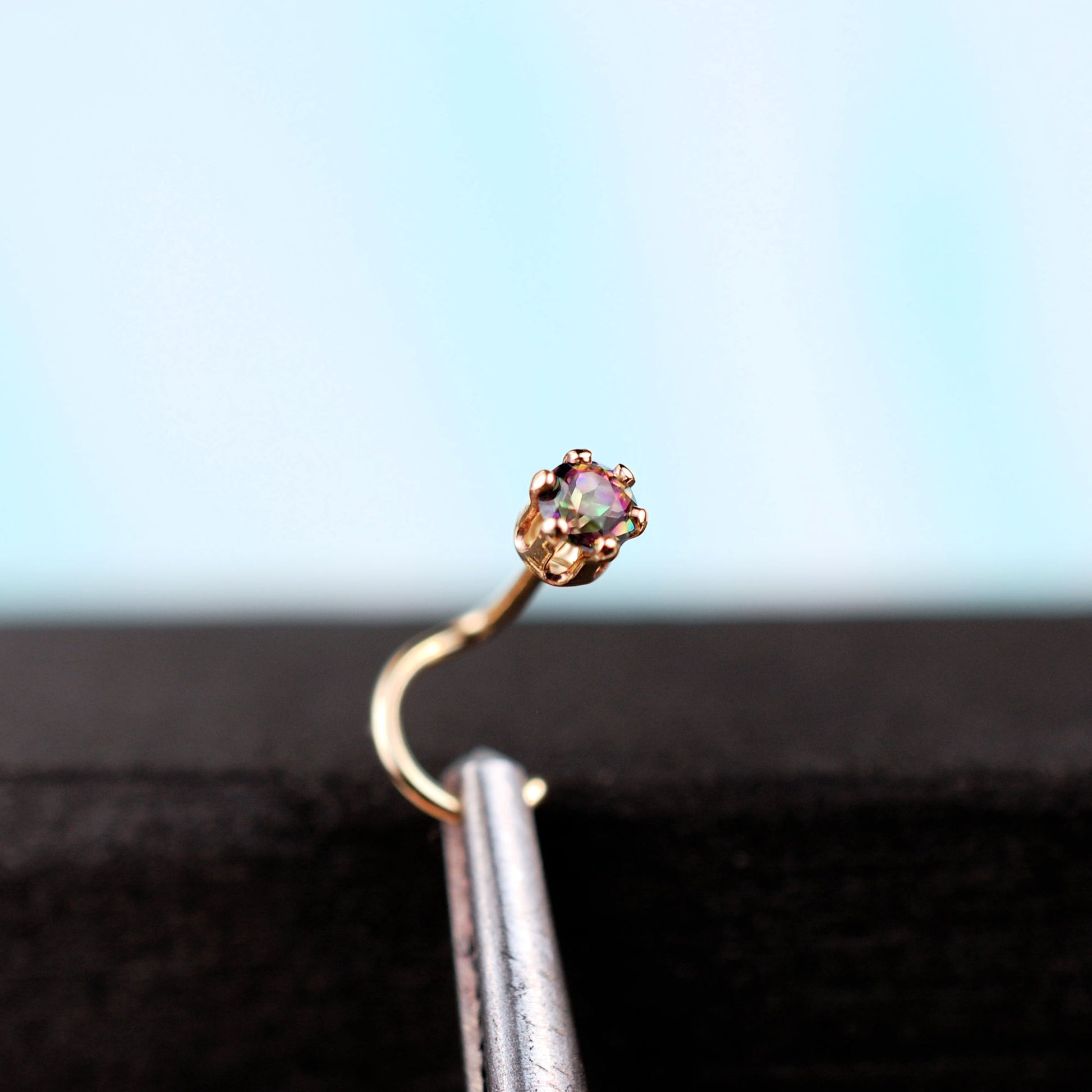 14k yellow gold nose stud with mystic topaz