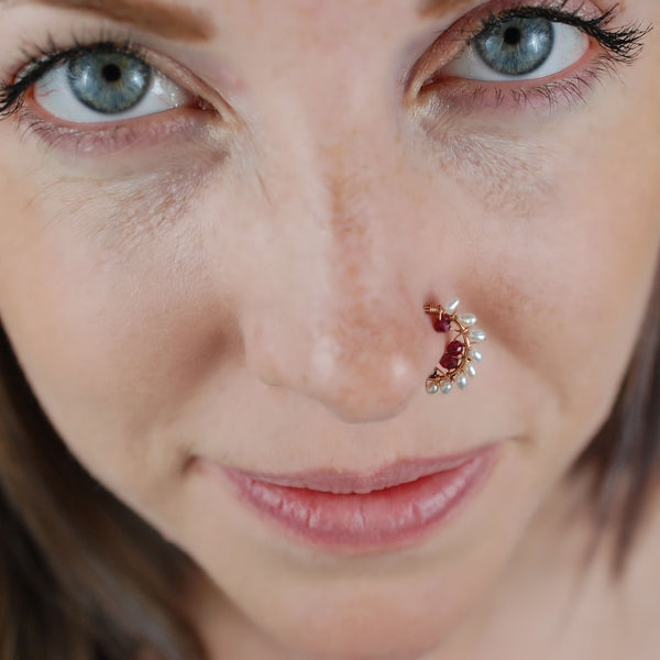 Garnet and Pearl Rose Gold Nose Ring