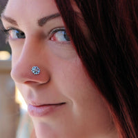 nickel-free sterling silver nose stud with labraodrite snowflake