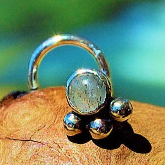 bold sterling silver nose stud with labradorite gemstone