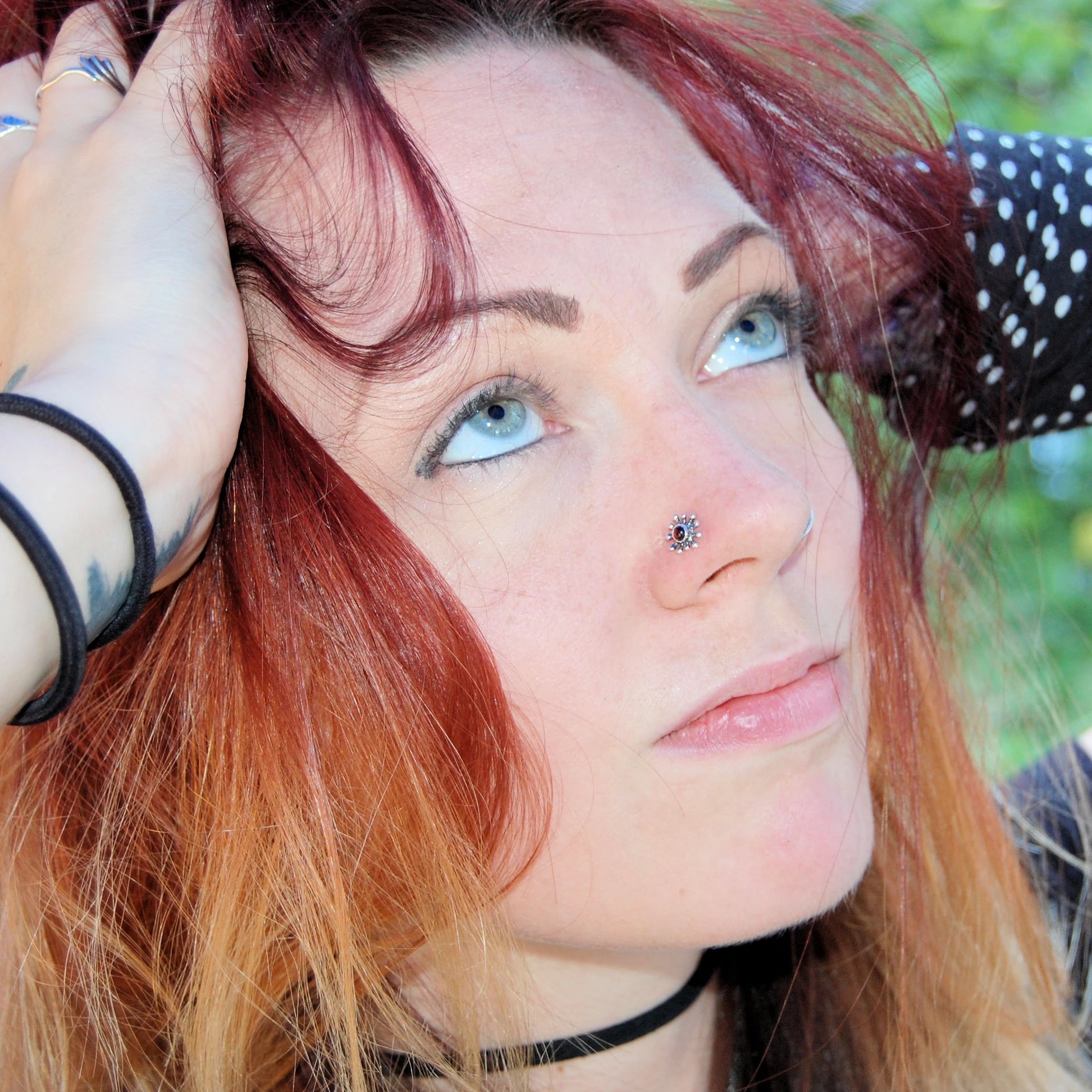 garnet nose stud in sterling